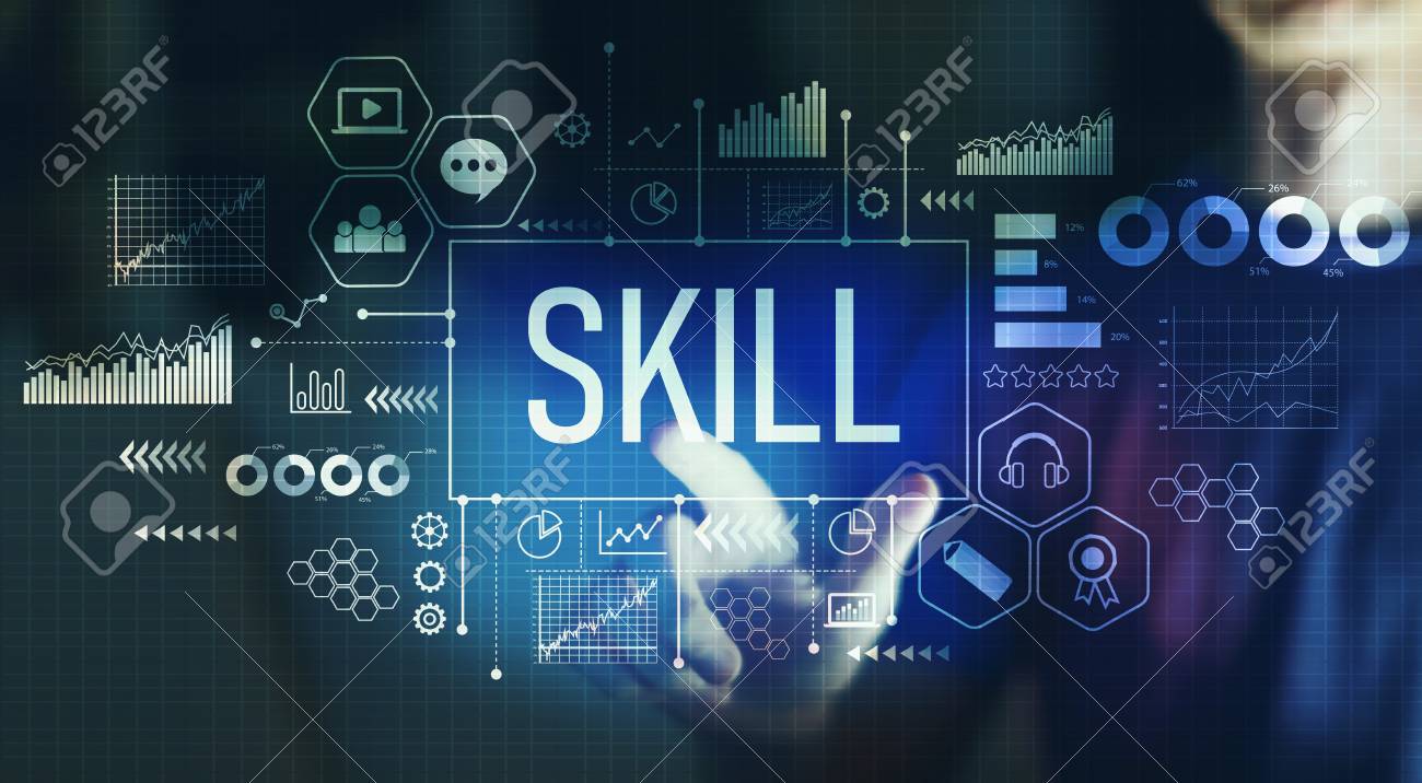 Skill with young man pointing on a dark background